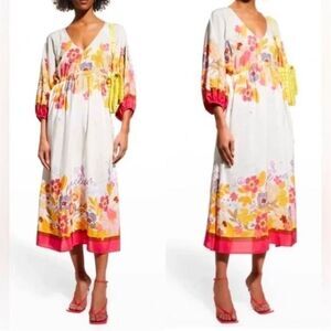 NWOT Johnny Was White/ Pink Loreli Silk Embroidered Midi Dress Size Medium